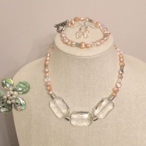 Pink Pearl& Glass Bead Necklace,Bracelet& Earrings